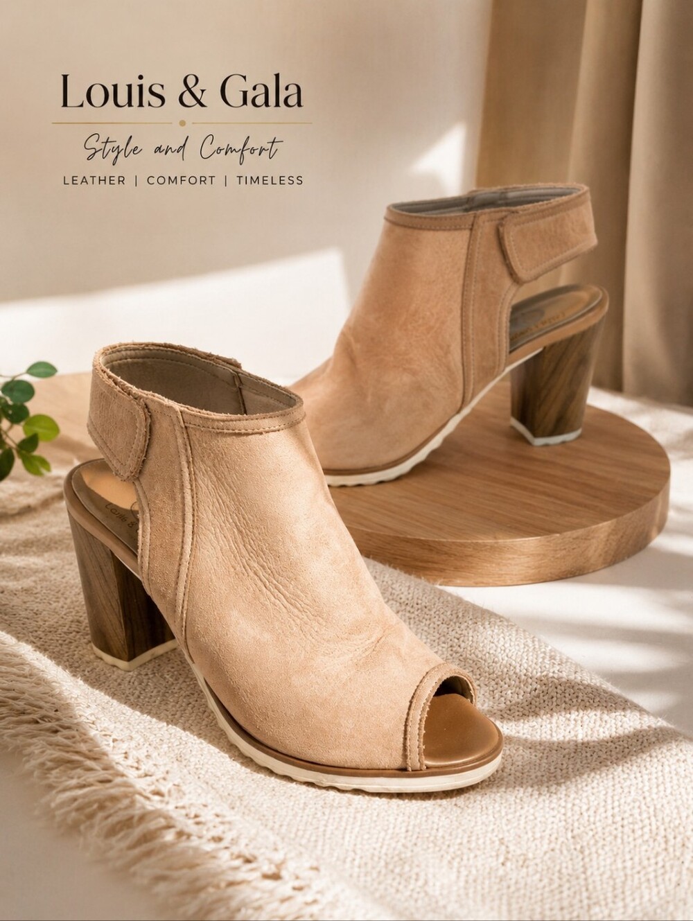 Louis & Gala Leather Peep Toe Block Heel Sandals Size 38 Nude